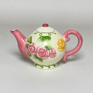 Vintage Alco Industries Ceramic Teapot Embossed Pink Yellow Roses Small 4.5"